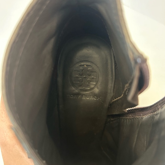 TORY BURCH Wedge Heel Ankle Boots Aaden Brown Suede Gold Logo Womens Size 9M - Picture 9 of 9